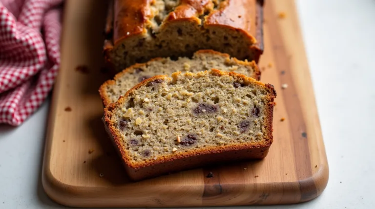 A freshly baked loaf of banana bread with golden-brown crust, sliced to reveal its moist texture, surrounded by ripe bananas and a cup of coffee