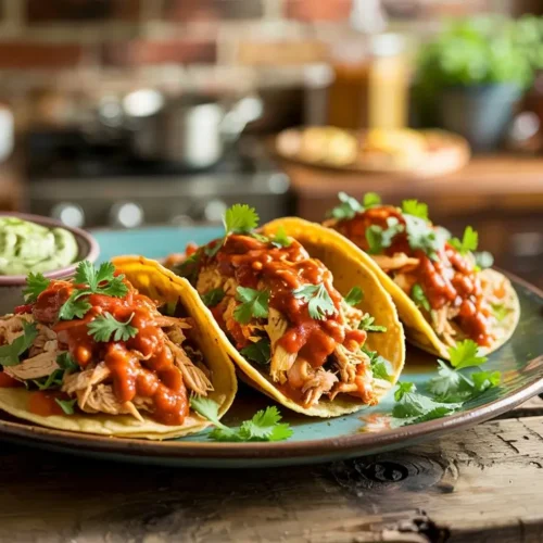 Crockpot Crispy Chicken Tinga Tacos with Avocado Jalapeño Cream