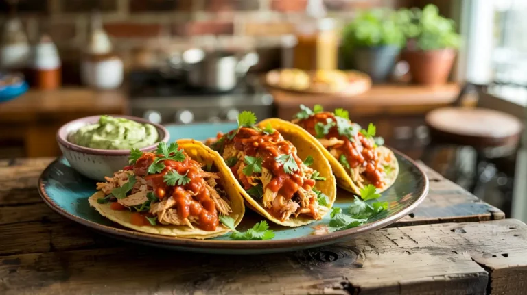 Crockpot Crispy Chicken Tinga Tacos with Avocado Jalapeño Cream